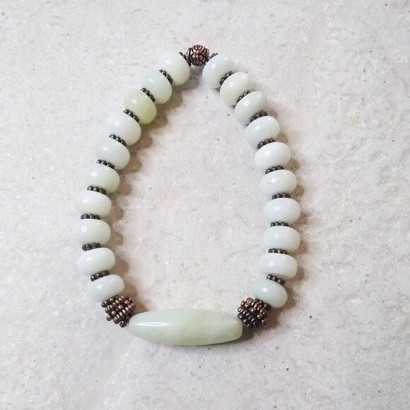 Palest Green Jade Bracelet - Barrel Bead + Rondelles + Copper Spacers 7-7.5" - Picture 4 of 7